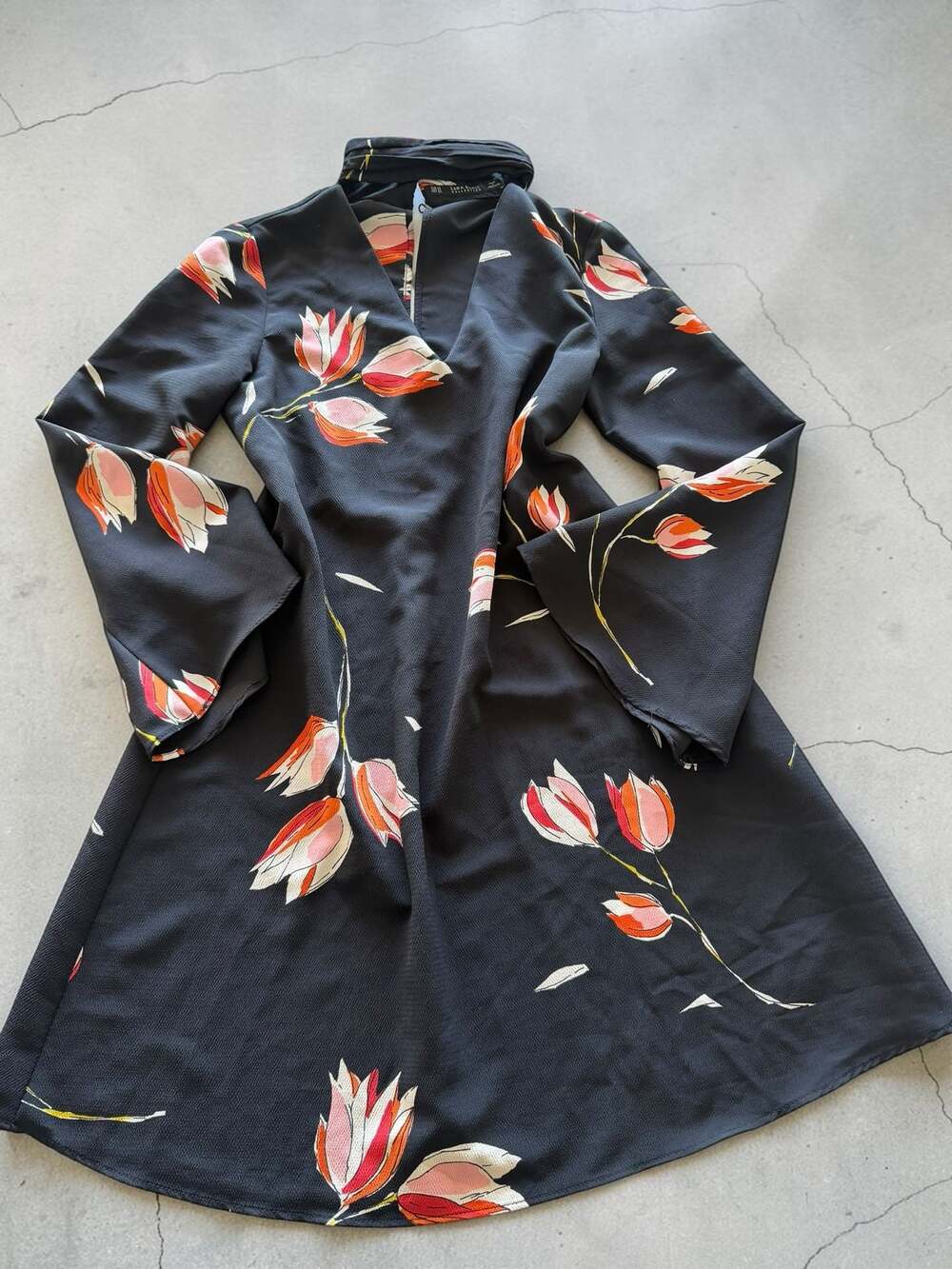 Zara Basic Collection Black Floral Choker V-Neck Mini Dress with Bell‎ Sleeves